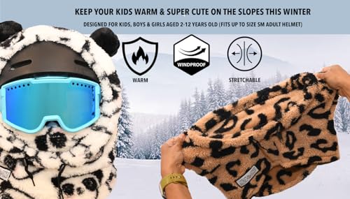 MDXONE Kids Over The Helmet Balaclava Children face mask with buttons for pompoms with elastics (sold separately) (BALA-GIRAFFE-BLUE)