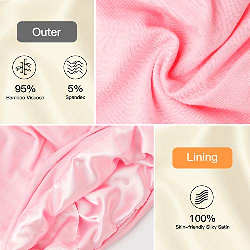 Silk Satin Lined Bonnet Sleep Cap - Adjustable Stay on All Night Hair Wrap Cover Slouchy Beanie for Curly Hair Protection for Women and Men - Solid Pink - color: Solid Pink, size: One Size