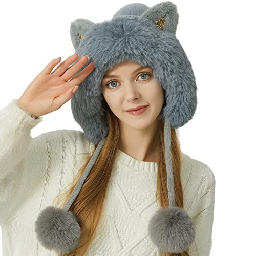 HUAMULAN Women Winter Sherpa Knit Beanie Hat Fleece Lined Ear Flaps - color: Grey Solid