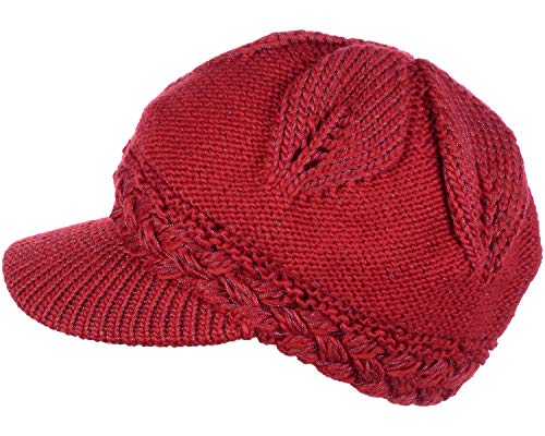 BYOS Womens Winter Chic Cable Warm Fleece Lined Crochet Knit Hat W/Visor Newsboy Cabbie Cap - color: Braided Front Red