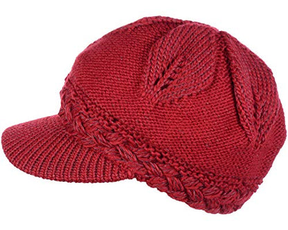 BYOS Womens Winter Chic Cable Warm Fleece Lined Crochet Knit Hat W/Visor Newsboy Cabbie Cap - color: Braided Front Red