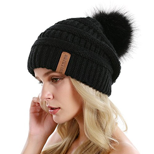 Women Knit Slouchy Beanie Chunky Baggy Hat with Faux Fur Pompom Winter Soft Warm Ski Cap - color: A2-black