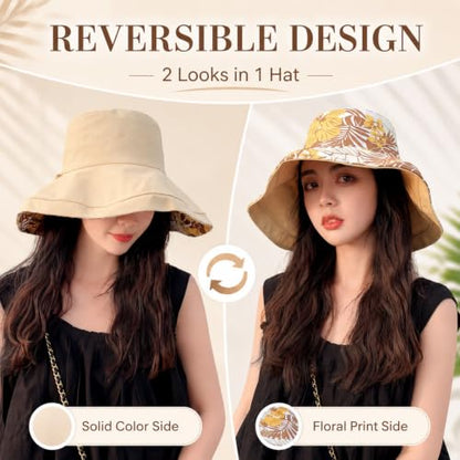 HUAMULAN Wide Brim Women Summer Sun Floppy Hat Reversible Beach Bucket Hat - color: Xinm001-yellow