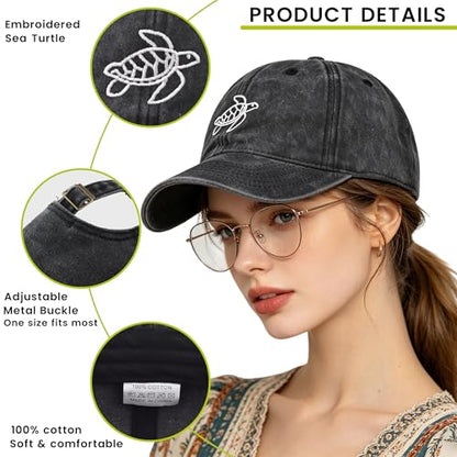 Plam Trees Hats Embroidered Washed Cotton Baseball Cap for Men Women Distressed Black Snapback Baseball Hat Adjustable - color: Turtle