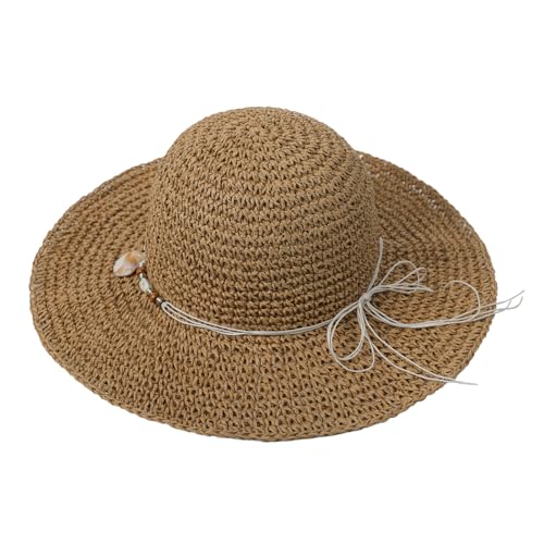 Womens Straw Sun Hat Wide Brim Summer Beach Hat with Beaded Trim Summer Foldable Floppy Hat for Travel Vacation UV Protection - color: Light Brown 2