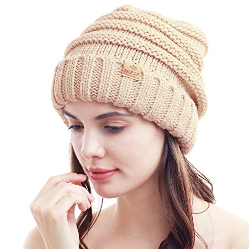 Womens Winter Beanie Warm Knit Hat Cable Stretch Trendy Ribbed Chunky Cap - color: Beige