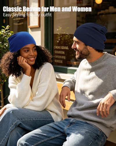 vidsel 100% Cotton Slouchy Beanie for Women Men, Thin Beanies Winter Hat - color: Blue