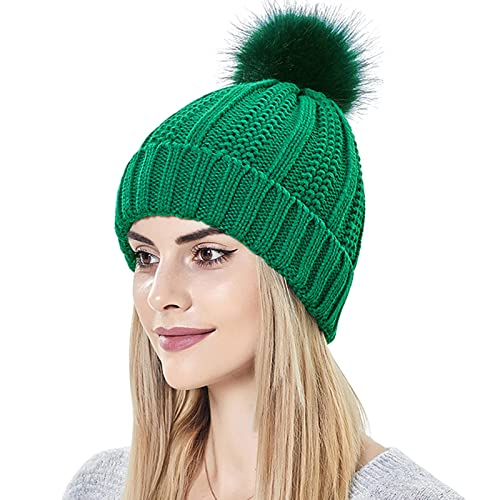 Muryobao Womens Satin Lined Beanie Hat with Faux Fur Pom Cuffed Winter Warm Knit Skull Cap - color: Green