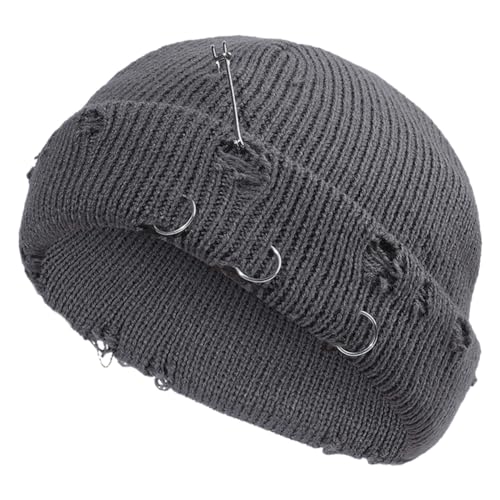 Distressed Ring Beanie Hat for Women Men Slouchy Skull Cap - color: Grey