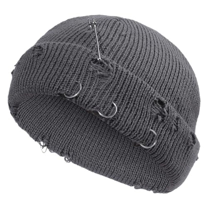 Distressed Ring Beanie Hat for Women Men Slouchy Skull Cap - color: Grey