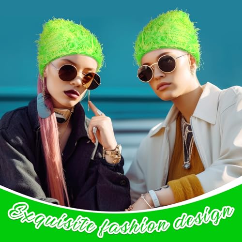 Chuarry Distressed Knitted Beanie Fuzzy Winter Hat - color: Yellow and Green