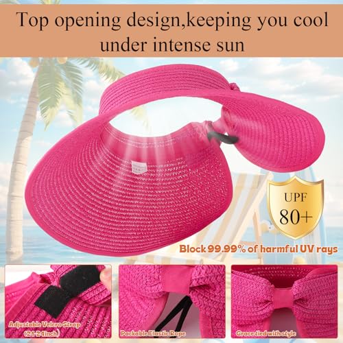 Foldable Straw Sun Visor Hats for Women Wide Brim Beach - color: Hot Pink, Khaki, Black, Pink