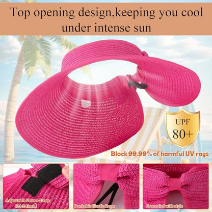 Foldable Straw Sun Visor Hats for Women Wide Brim Beach - color: Hot Pink, Khaki, Black, Pink