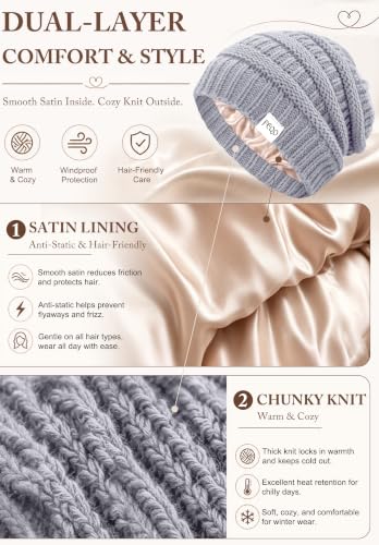 FEQO 6 Pack Satin Lined Beanies Slouchy Beanie Oversized Cable Knit Caps - color: Black, Light Grey, Beige, Oatmeal, White, Pink