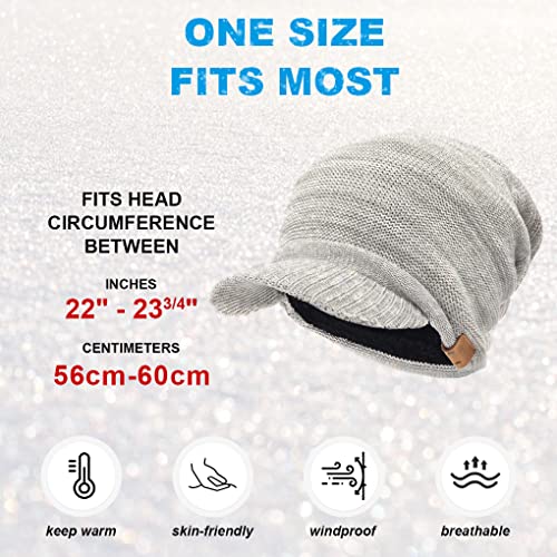 Ruphedy Mens Beanie with Brim Winter Hat Knitted Thick Fleece Visor Beanie - color: B319-light Grey