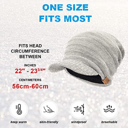Ruphedy Mens Beanie with Brim Winter Hat Knitted Thick Fleece Visor Beanie - color: B319-light Grey