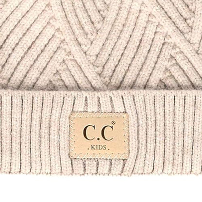 C.C Kids' Suede Patch Snuggly Soft Warm Knit Pom Cuff Beanie - color: Criss Cross Faux Fur, Beige Mix
