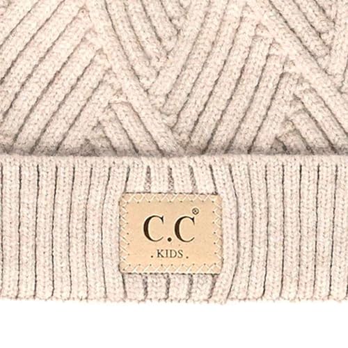 C.C Kids' Suede Patch Snuggly Soft Warm Knit Pom Cuff Beanie - color: Criss Cross Faux Fur, Beige Mix