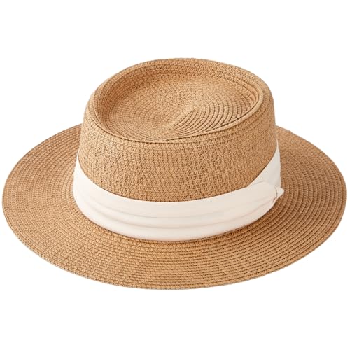 Womens Summer Straw Sun Hat Wide Brim Beach Hat with Wind Lanyard - color: Khaki With Beige Band