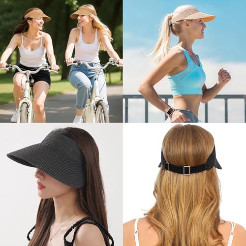 MULIMU new 3pcs Sun Visor Hats for Women Wide Brim Straw Visors Womens Foldable Beach Visors Summer Packable Ponytail Beach Hat Black