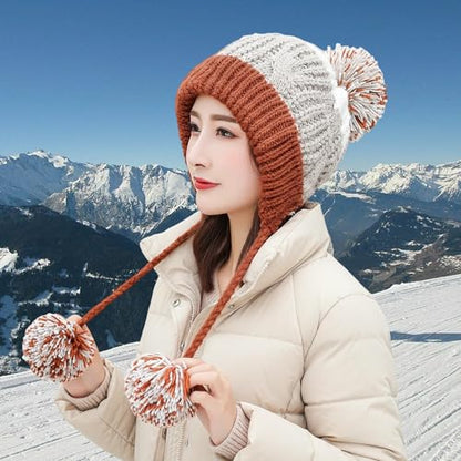 HUAMULAN Women Winter Sherpa Knit Beanie Hat Fleece Lined Ear Flaps - color: Reddish Brown and Khaki
