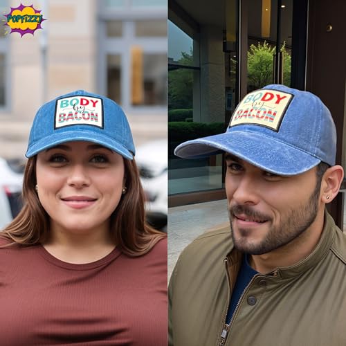 Popfizzy Funny Hats for Men and Women, Fun Adult Baseball Cap, Funny Birthday Gifts for Women and Men, Cool Dad Hat Gift Idea - color: Body By Bacon (Blue)