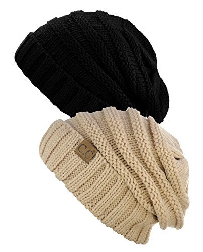 NYFASHION101 Oversized Baggy Slouchy Thick Winter Beanie Hat - color: Black & Dark Beige