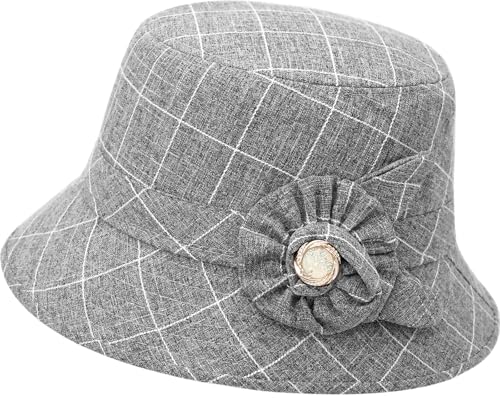 Vintage Fedora Floral Bucket Hat Women Bowler Cloche Hats - color: Grey