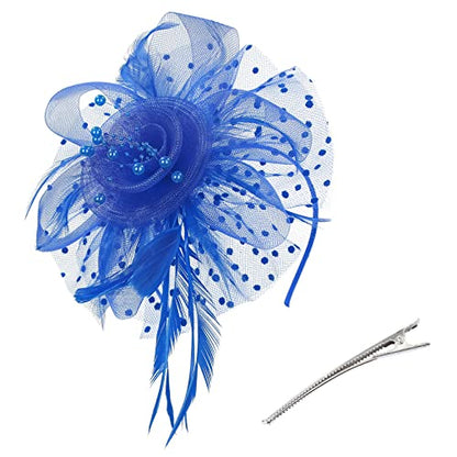 Century Star 2026 Kentucky Hat Derby Fascinator for Women Tea Party Flower Mesh Ribbons Feathers Headband Hair Clips - color: Blue