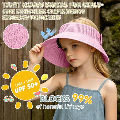 Girls Sun Visor Hat with Ponytail Hole Wide Brim Beach Straw Visor UPF 50+ - color: 1pack-pink