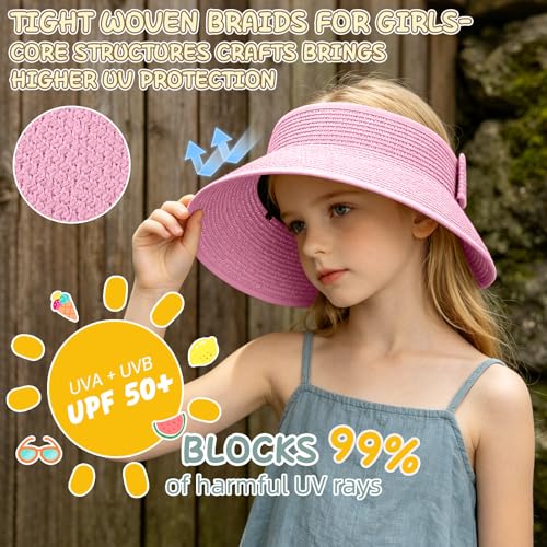 Girls Sun Visor Hat with Ponytail Hole Wide Brim Beach Straw Visor UPF 50+ - color: 1pack-pink