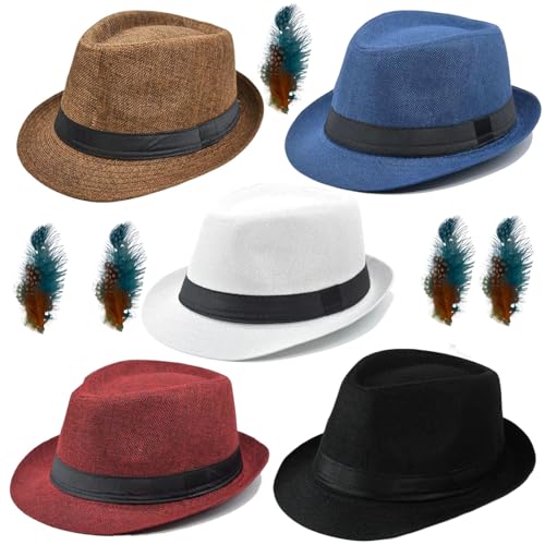 5 Pack Bulk Cuban Fedora Sun Hats Men with Adjustable Strap, Short Brim 1920s Unisex Party Costume Hats Women. - color: Black+white+red+blue+coffee(size:l-xl)