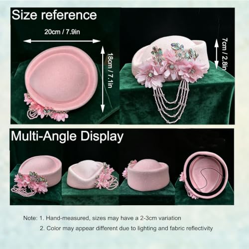 Women's Retro British Felt Headscarf Hat Church Derby Headdress with Floral Women's Soft Beret - color: 02 Light Pink