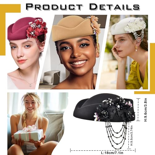 Women's Retro Stewardess Felt Hat, British Berets, Rhinestone Flower Decor, Ladies' Church Derby Hat - color: Tassel Style-khaki