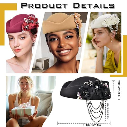 Women's Retro Stewardess Felt Hat, British Berets, Rhinestone Flower Decor, Ladies' Church Derby Hat - color: Tassel Style-khaki