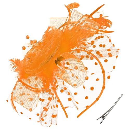 WLBON Fascinators Hat 20s 50s Headband Hair Clips Flower Mesh Veil Feather Headpiece Headwear Women Halloween Carnival Cocktail Wedding Church Cosplay Dress Up Birthday Tea Party Accessories Orange - color: Orange