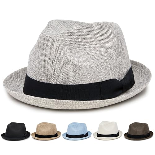 Funky Junque Men's Panama Porkpie Fedora, Linen Summer Beach Hat - color: Light Grey, size: Small-Medium