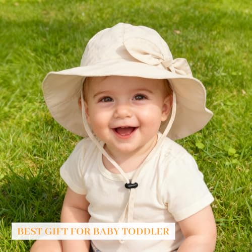 Baby Girl Sun Hat with UPF 50+ Outdoor Adjustable Beach Hat with Wide Brim Bucket Hats - color: Beige, size: 0-6 Months