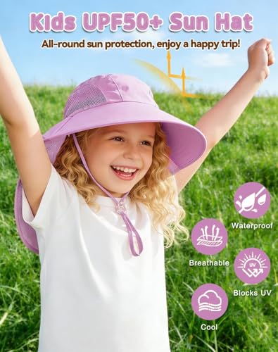 Rosoz Kids Sun Hat with Neck Flap UV Protection Summer Toddler Beach Hat Unisex Ponytail Hat Wide Brim Fishing Hat - color: 1pack-purple