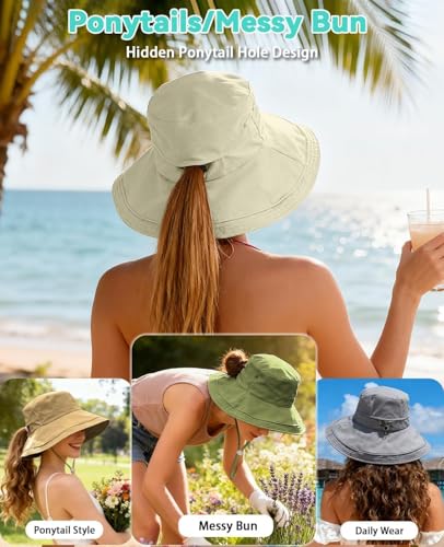 Rosoz Women Sun Hat with Ponytail Hole Wide Brim Bucket Hats UPF 50+ Beach Hiking Gardening Hat Water-Resistant Outdoot Hat - color: Beige