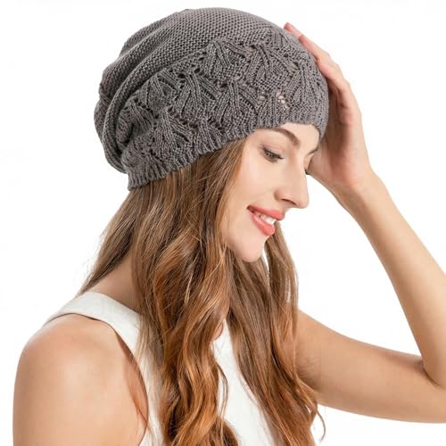 ZLYC Crochet Slouchy Beanie for Women Soft Lightweight Skull Cap - color: Solid Gray