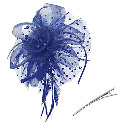 Century Star 2026 Kentucky Hat Derby Fascinator for Women Tea Party Flower Mesh Ribbons Feathers Headband Hair Clips - color: Navy