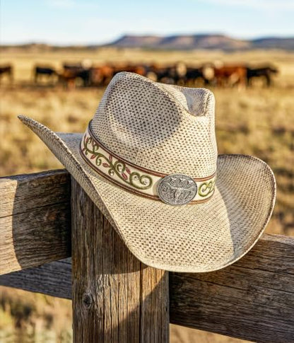FLUFFY SENSE. Cowboy Hats for Women and Men - Distressed Straw Western Hat with Shapeable Brim for Cowboys and Cowgirls - color: Distressed Cream White