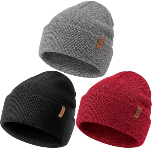 Beanie for Men Women, Winter Double Layer Warm Hat Skull Cap - color: Black+grey+burgundy