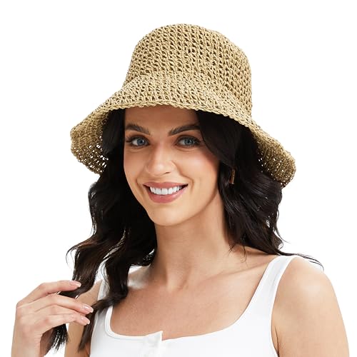 Womens Sun Hats Wide Brim Summer Beach Hat for Women Foldable Travel Straw Hat UPF50+ - color: A-beige