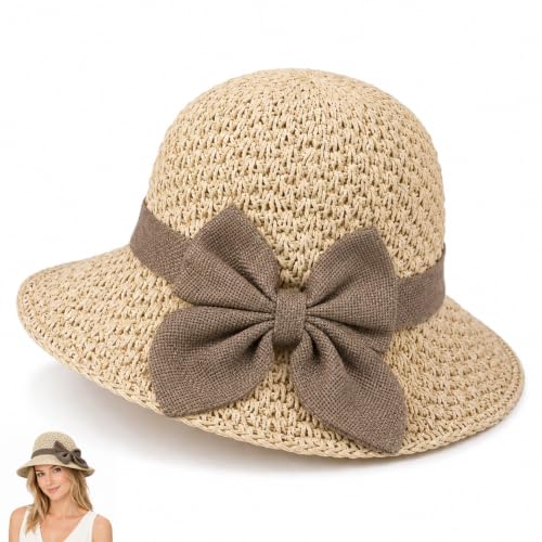 Elegant Woven Straw Sun Hat with Bow,Summer Beach Sun Straw Hats for Women,Wide Brim Packable Travel Bucket Hats,Summer Hats - color: Beige