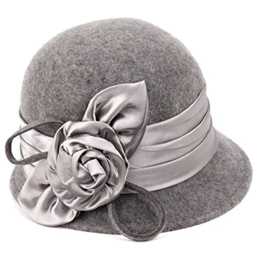 CL1489 Marilyn Vintage Style Wool Cloche Bucket Winter Hat with Satin Flower - color: A Charcoal Gray