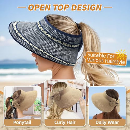 Sun Hats for Women Wide Brim Straw Sun Visors Ponytail Hat - color: Blue Mix