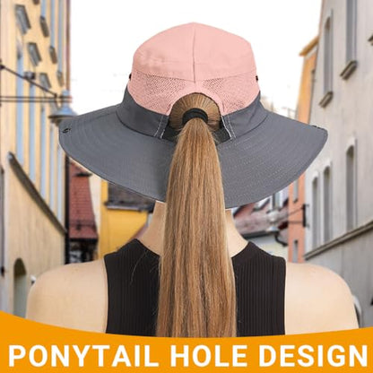 PFFY Sun Beach Hats for Women Men Wide Brim Fishing Bucket Hat - color: Pink/Grey