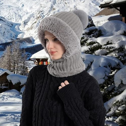 HUAMULAN Women Winter Knit Beanie Hats One Piece Fleece Lined Balaclavas - color: Gray + Faux Fur